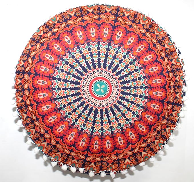 INDIAN CRAFT CASTLE ICC Mandala Barmeri Large Floor Pillow Cover Cushion Meditation Seating Ottoman Throw Cover Hippie Decorative Zipped Bohemian Pouf Ottoman Cases Multi Orange 16" Round - Bloomnest