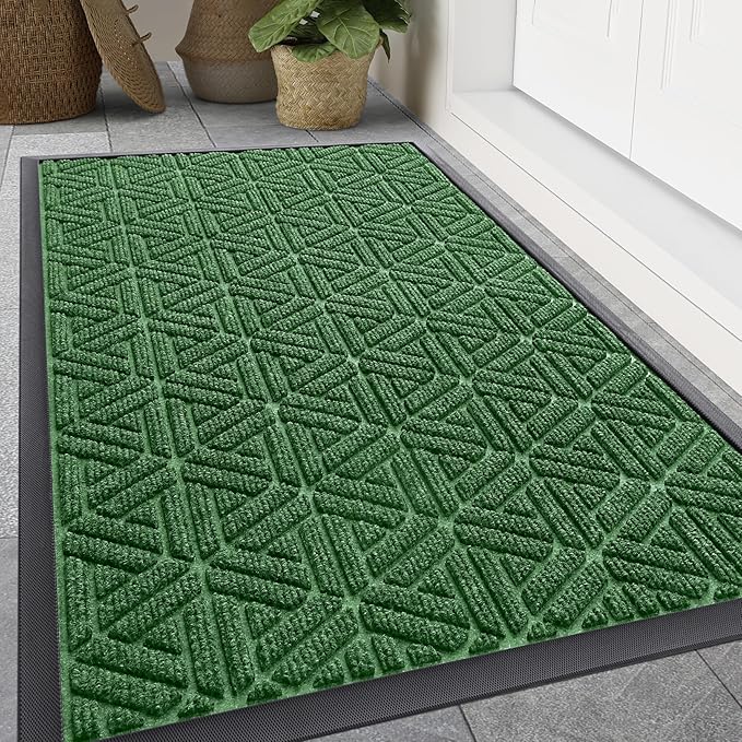 Smiry Front Door Mat Outside Entrance, Heavy Duty Sturdy Natural Rubber Doormat, Trap Dirt and Moisture, Easy Clean Low Profile Mats for Indoor Outdoor Entry, Grid Geometric (47x32, Green) - Bloomnest