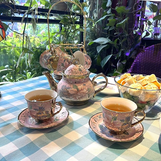 20 Pieces Porcelain Tea Set With Metal Holder, European Ceramic tea set for adults,Flower Tea Set,Tea Set For Women With Flower Painting (Large version, Pink) - Bloomnest