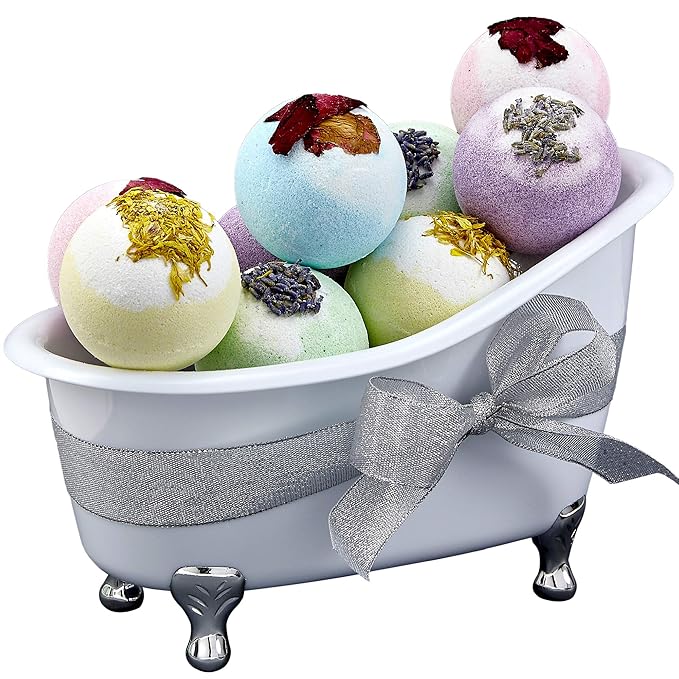 Bath Bomb Self Care Gifts for Women, White Elephant Gifts for Adults,10 Oversized Two Tone Bath Fizzies with Shea & Coco Butter Dry Flower Petals, Rich, Spa Bath Set in Cute Tub - Bloomnest