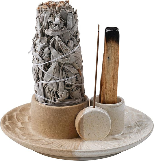 4 in 1 Incense Holder, Ceramic Incense Stick and Palo Santo Holder,Sage Holder for Burning- 5.5" Ceramic Ash Catcher Tray for Meditation and Yoga Room (Sand) - Bloomnest