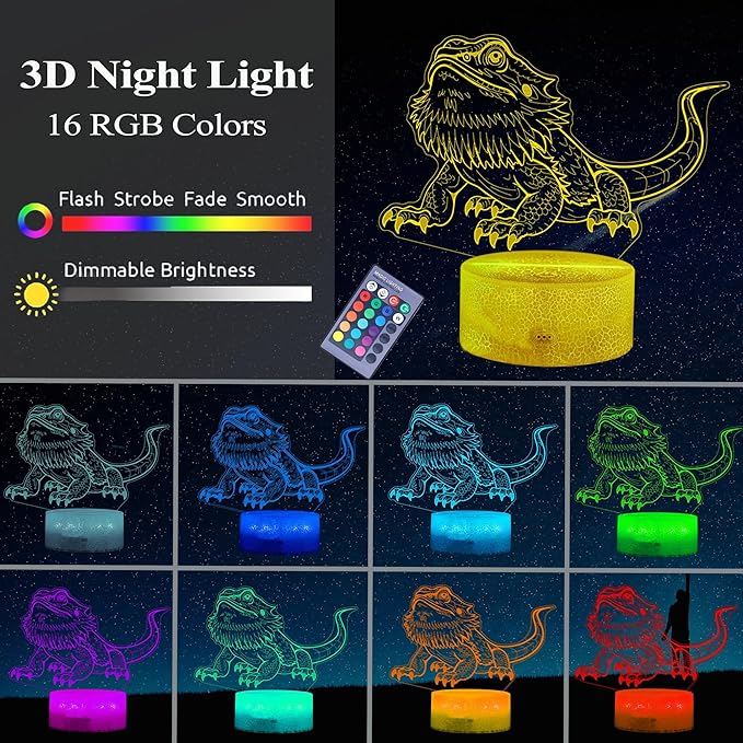 Bearded Dragon Gift, Bearded Dragons Night Light with Remote Control, 16 Colors Changing, RGB Flashing Mode, Dimmable, Great Bearded Dragon Tank Accessory and Decor - Bloomnest