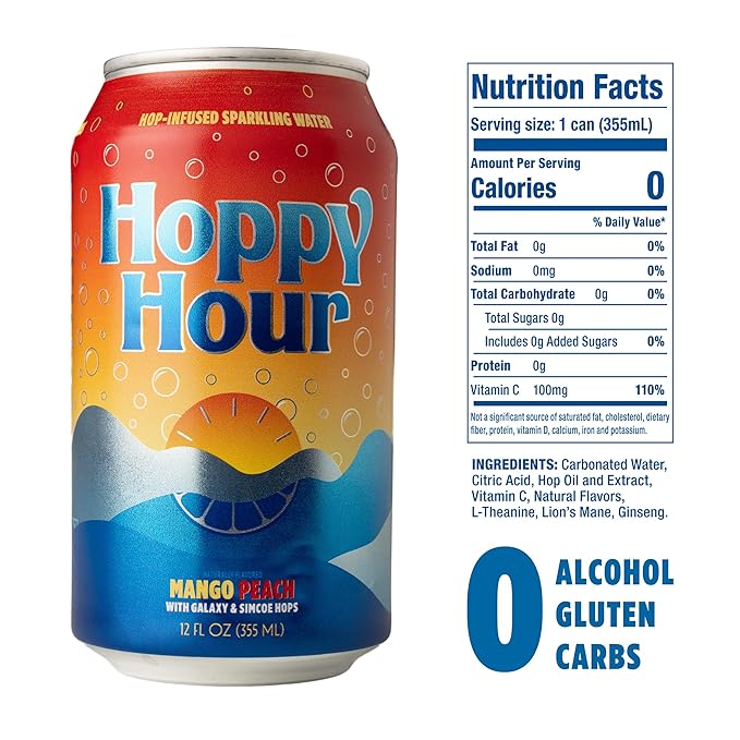 Hoppy Hour Sparkling Hop Water, Non-Alcoholic and Adaptogens Drink, Zero Sugar and Calories, Refreshing Mango Peach Flavor, 12 oz Cans (12-Pack) - Bloomnest