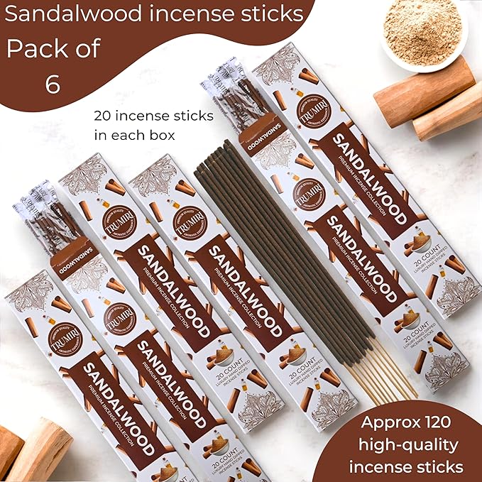 Sandalwood Incense Sticks - Incienso de Sándalo - Total 120 Insence-Sticks - 6 Packs of 20 Insense - Inciensos - Inscents - Natural Non Toxic Ingredients - Incents - Incence - Inscense - Insents TRUMIRI