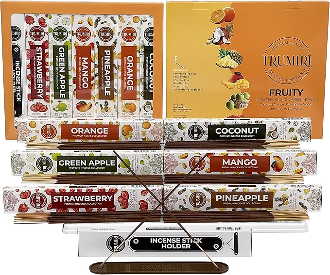 Fruity Incense Sticks Variety Pack - 120 Insence-Sticks (6 Incents x 20 Insense) - Coconut Orange Pineapple Mango Strawberry Apple - Natural Inscents-Sticks Non Toxic Inciensos + Stick Incense Holder - Bloomnest