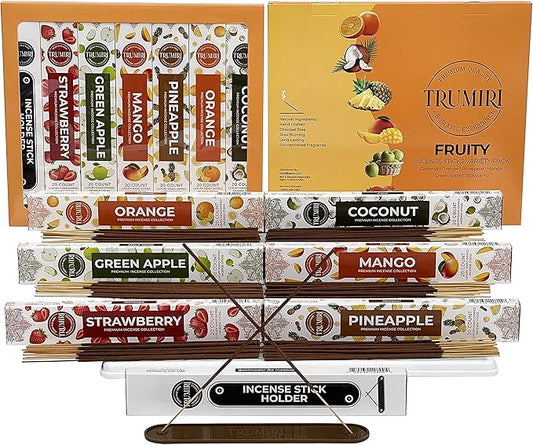 Fruity Incense Sticks Variety Pack - 120 Insence-Sticks (6 Incents x 20 Insense) - Coconut Orange Pineapple Mango Strawberry Apple - Natural Inscents-Sticks Non Toxic Inciensos + Stick Incense Holder - Bloomnest