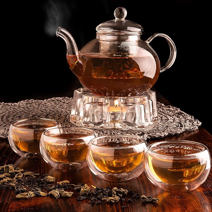 Moss & Stone Glass 27oz Tea Kettle Infuser & 4 Tea Cups Gift Set, Borosilicate Glass Teapot With Removable Glass Strainer & Teacups Of 2.7 oz, Teapot With Strainer Microwave Safe Tea Maker - Bloomnest