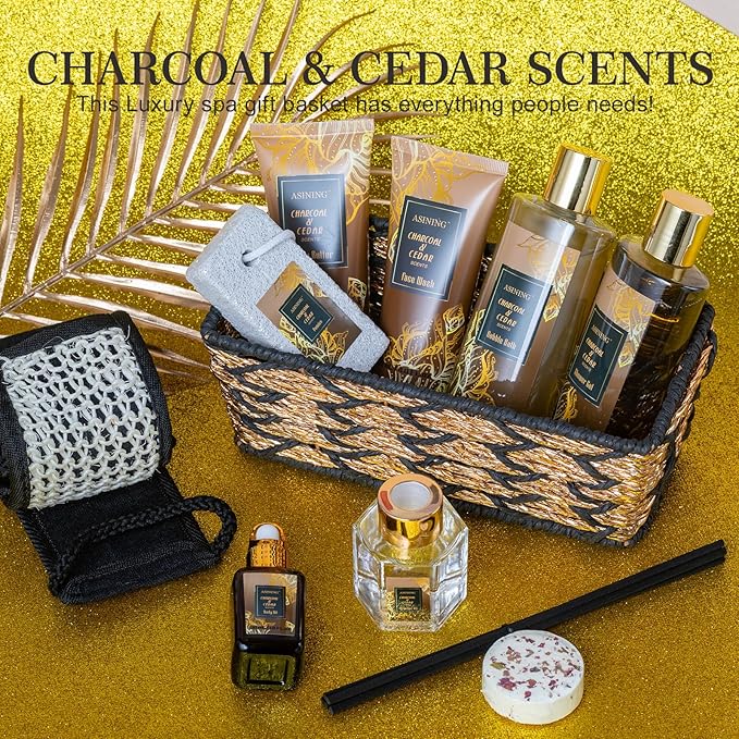 Spa Set for Women & Mens Gift, Relaxing Gifts for Men, Father's Day Gifts for Men Dad with 14PCS Charcoal & Cedar Scents Spa, Includes Bubble Bath, Shower Gel, Body Butter, Spa Kit for Mans Gift Set - Bloomnest