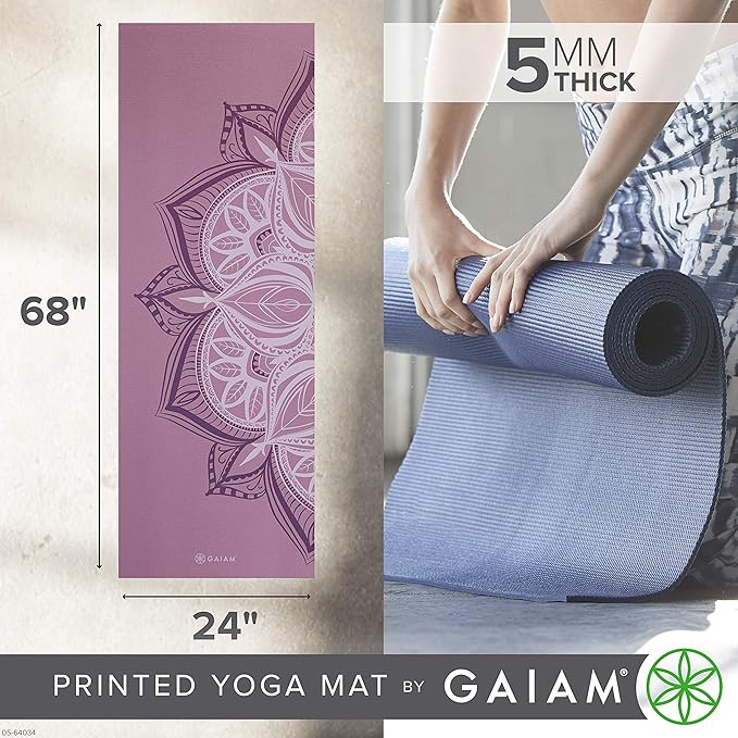 Gaiam Yoga Mat - Premium 5mm Print Thick Non Slip Exercise & Fitness Mat for All Types of Yoga, Pilates & Floor Workouts (68" x 24" x 5mm) - Bloomnest