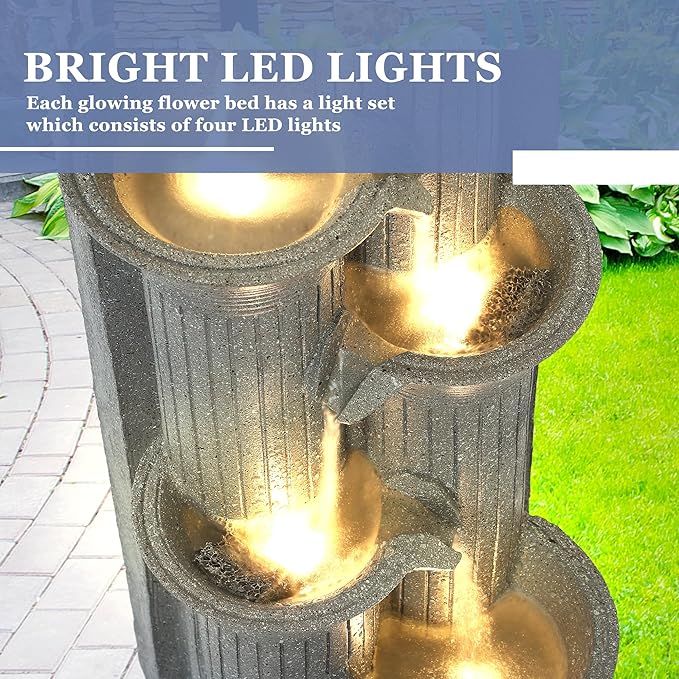 Grepatio Outdoor 5-Tiers Cascading Water Fountain, Garden Waterfalls Fountain with LED Lights, 24" H Modern Indoor Floor Standing Water Fountains with Pump for Patio, Yard, Deck Decor (Light Grey) - Bloomnest