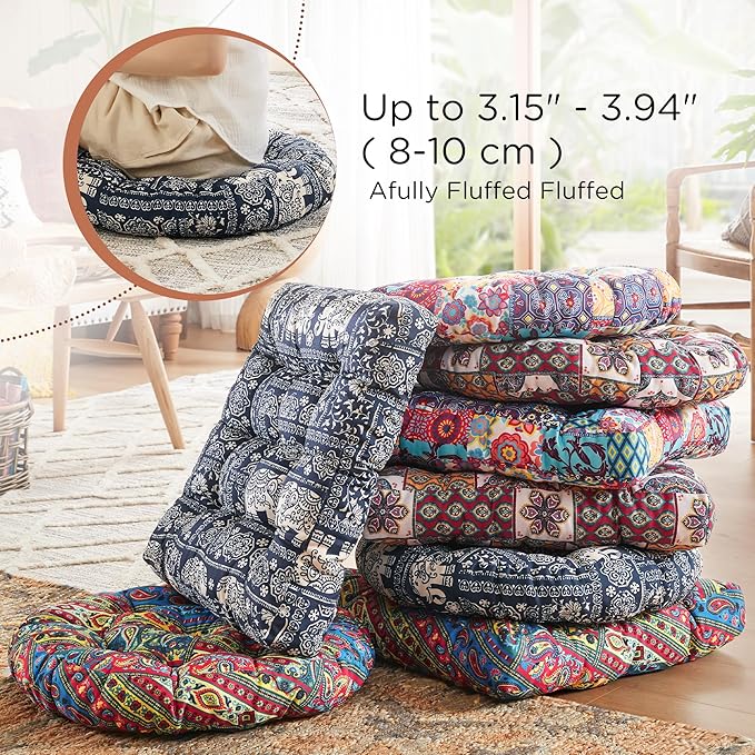 Codi Meditation Floor Pillow, Boho Pillows Seating for Adults and Kids, Large Round Cushion for Yoga Living Room Tatami Sitting, Memory Foam Added, 22x22 Inch, Indigo Elephant - Bloomnest