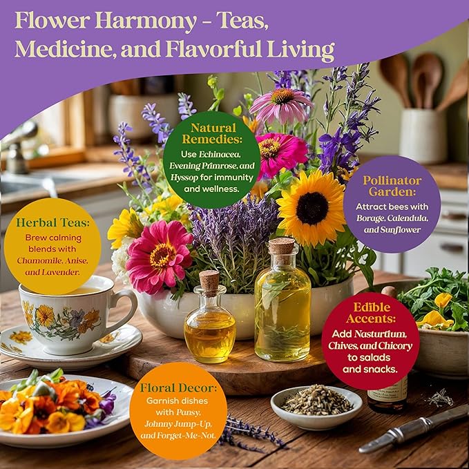 24 Gourmet Culinary Flower Seeds Variety Pack - 7,790+ Non-GMO Heirloom Flower Seeds for Planting Indoor & Outdoor Home Garden - Culinary Flowers Seed Packets for Planting Edible Flowers - Bloomnest