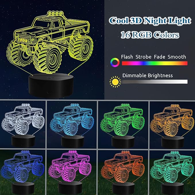 Monster Truck Night Light, Monster Truck Gifts, 3D Illusion Lamp with Remote Control, 16 RGB Colors, 4 Flashing Modes, Timer, Dimmable, Kids Room Decoration for Holiday Birthday Christmas - Bloomnest