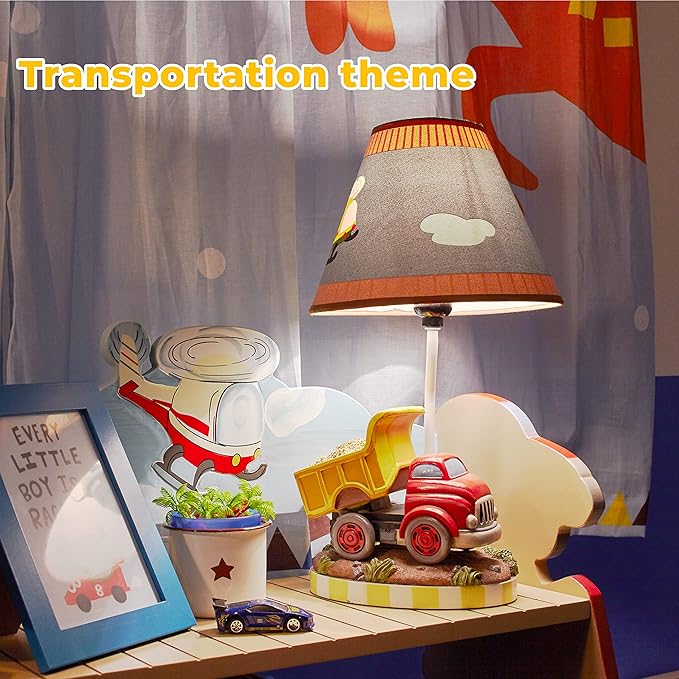 Fantasy Fields Kids Small Table Lamp, Truck Lamp, Car Lamp for Boys Room with Construction Truck Base & Helicopter Printed Shade, Transportation Themed - Bloomnest
