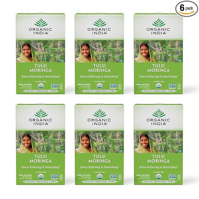ORGANIC INDIA Tulsi Moringa Tea Bags - Holy Basil, Lemongrass, Moringa Leaves, Stress Relieving & Nourishing, Immune Support Tea, Vegan, Certified Organic, Caffeine-Free - 18 Infusion Bags, 6 Pack - Bloomnest