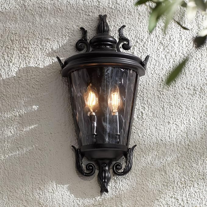 John Timberland Casa Marseille European Outdoor Wall Light Fixture Textured Black Scroll 17" Clear Hammered Glass for Exterior House Porch Patio Outside Deck Garage Yard Front Door Garden Home - Bloomnest