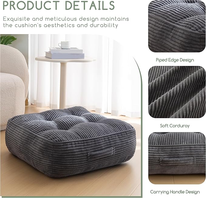 8" Washable Floor Pillow Cushion for Adults, Meditation Cushion Pillow, Large Square Floor Sitting, Removable Tufted Corduroy Cover, for Tatami Living Room or Yoga, 22x22 Inch, 2Pack, Machine Washable - Bloomnest