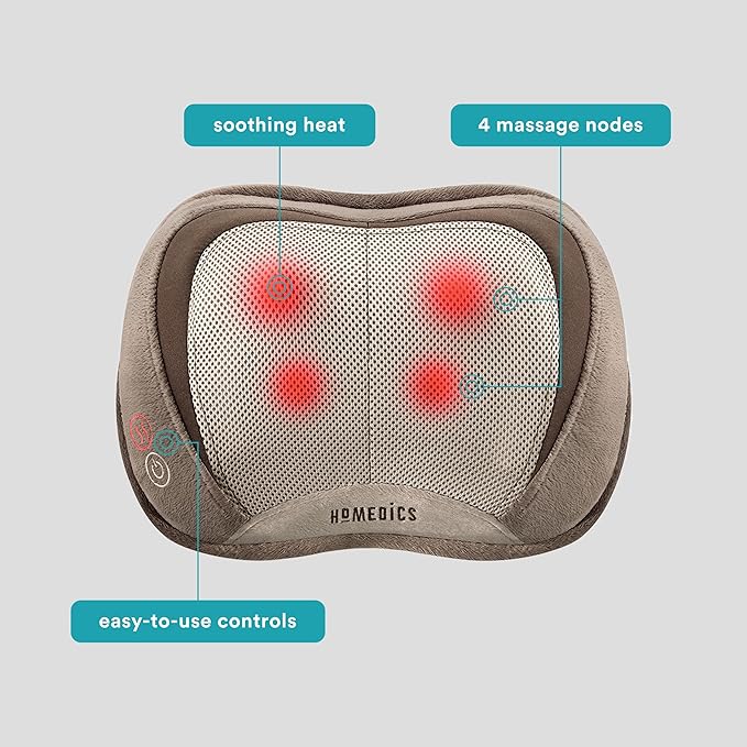 HoMedics Back and Neck Massager, Portable Shiatsu All Body Massage Pillow with Heat, Targets Upper and Lower Back, Neck and Shoulders. Lightweight for Travel - Bloomnest