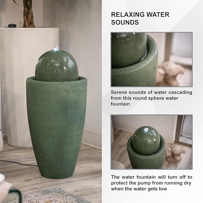 XBrand 25.98" H Round Stone Indoor/Outdoor Modern Stone Textured Sphere Water Fountain w/LED Lights, Green - Bloomnest