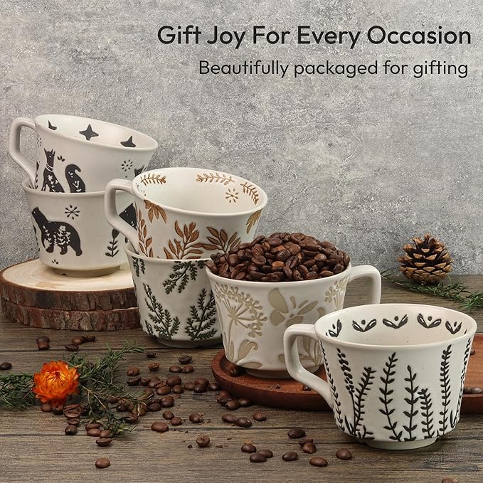 Ceramic Coffee Mug, 12 oz Novelty Unique Teacup with Handle, Stoneware Cup for Tea Mocha Latte Cappuccino Espresso (Set of 4, Butterfly Grass Ivy and Leaf)
