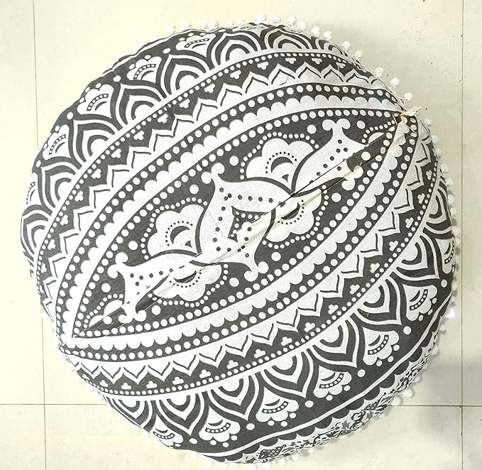 INDIAN CRAFT CASTLE 24" Grey Ombre Mandala Barmeri Large Floor Pillow Cover Cushion Meditation Seating Ottoman Throw Cover Hippie Decorative Zipped Bohemian Pouf Ottoman Pom Pom Cases 24" Round - Bloomnest