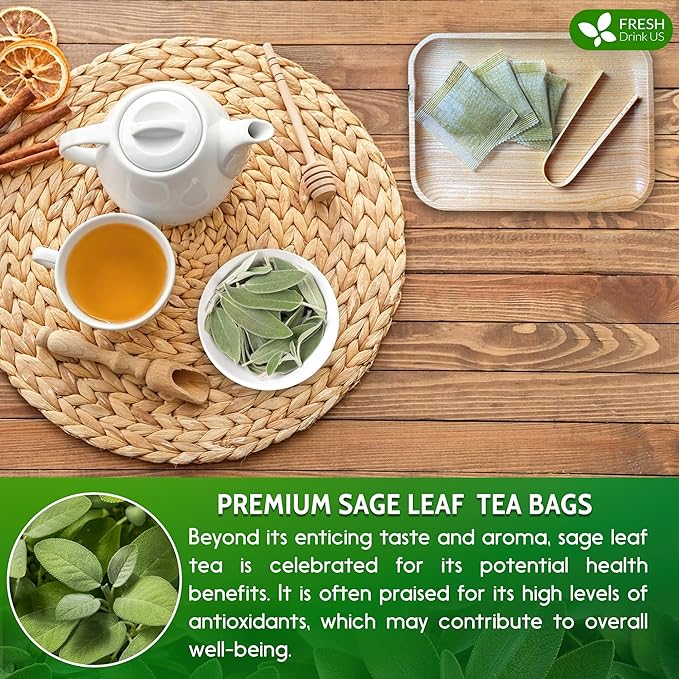 FreshDrinkUS, Premium 15 Sage Leaf Tea Bags, 100% Natural & Pure from Sage Leaves. Loose Leaf Sage Herbal Tea. Made with Natural Material Tea Bags. No Sugar, No Caffeine, No Gluten, Vegan. - Bloomnest