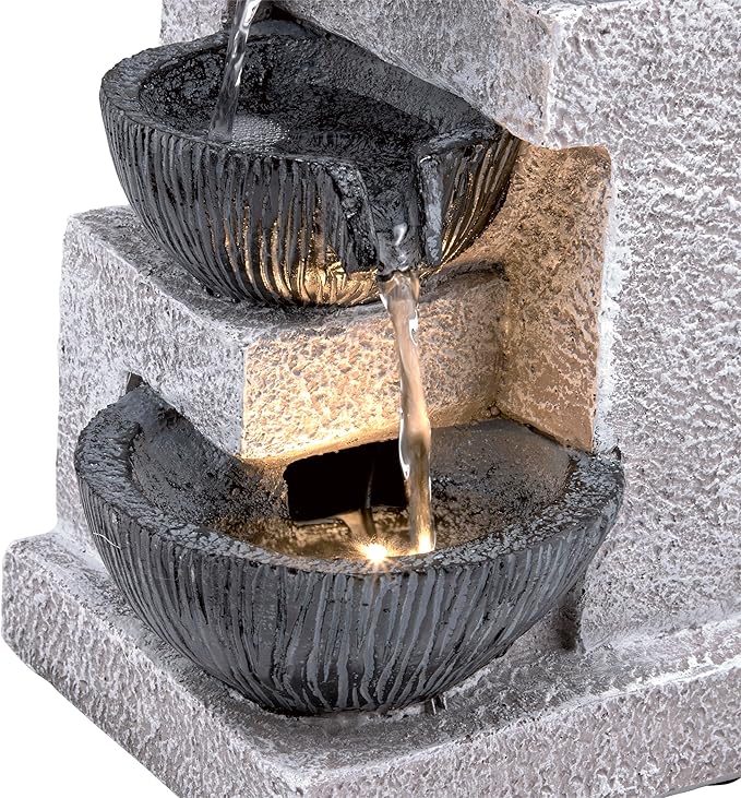 Alpine Corporation WIN1578 14" Cascading Tabletop Bowl Fountain with LED Lights – Elegant Water Fountain for Home, Office, Living Room, Bedroom, and Desk, Gray - Bloomnest