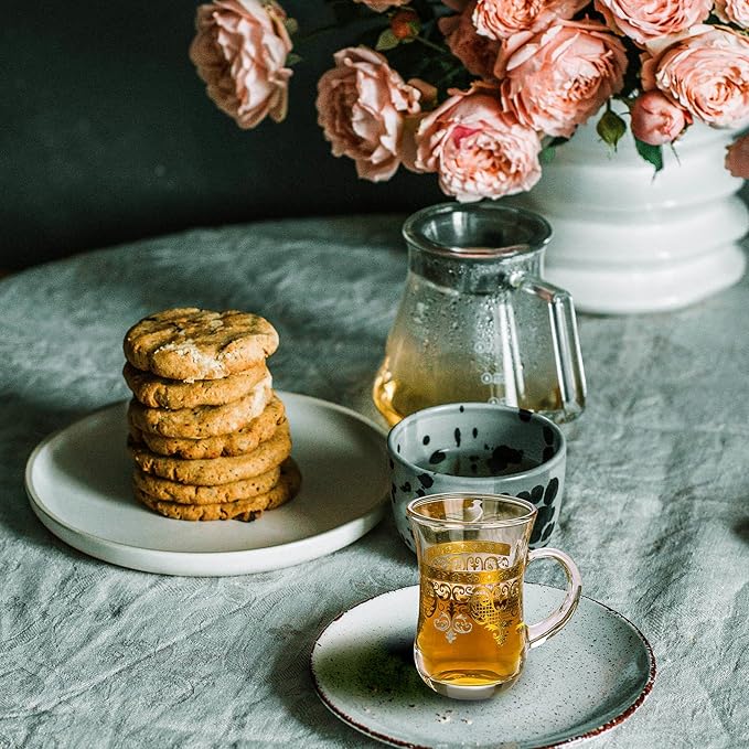 Turkish Tea Glasses Set of 6 - Gold Moroccan Tea Cups with Handle - 5 oz Footed Glass Coffee Mugs for Hot Cold Beverages Drinks