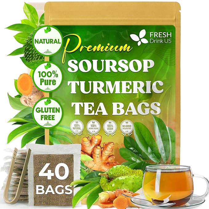 FreshDrinkUS, Premium 40 Soursop Turmeric Tea Bags, 100% Natural, Blend of Soursop Leaves, and Turmeric Root. Made with Natural Material Tea Bags. No Sugar, Vegan. - Bloomnest
