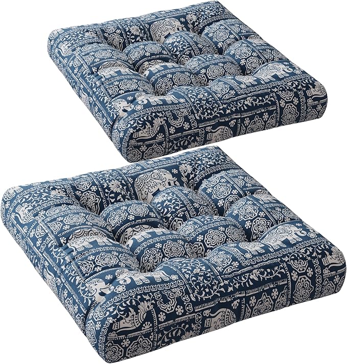 Meditation Floor Pillow Set of 2, Large Pillows Seating for Adults and Kids, Bohemian Cushion for Fireplace Yoga Living Room Sitting, Memory Foam Added, 22x22 Inch Indigo Elephant - Bloomnest