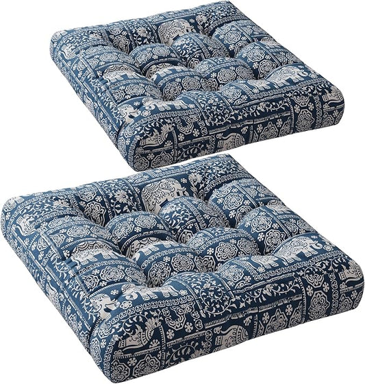 Meditation Floor Pillow Set of 2, Large Pillows Seating for Adults and Kids, Bohemian Cushion for Fireplace Yoga Living Room Sitting, Memory Foam Added, 22x22 Inch Indigo Elephant - Bloomnest