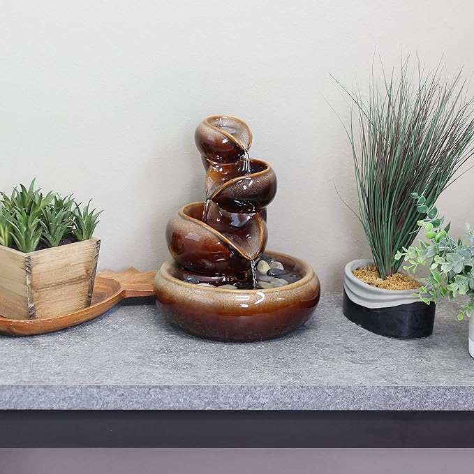 Sunnydaze Tiered Vessels Ceramic Tabletop Water Fountain - Relaxing Indoor Fountain for Office, Bedroom, or Living Room - Brown - Bloomnest