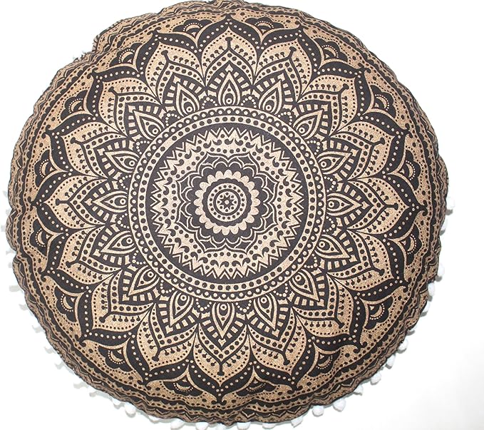 CRAFT KALA Large Round Bohemian Floor Pillow Pouf Cover Mandala Meditation Room Pillow Cover for Adults Boho Seating Poufs Cushion Cover for Kids Playroom 32" Black Gold Ombre - Bloomnest