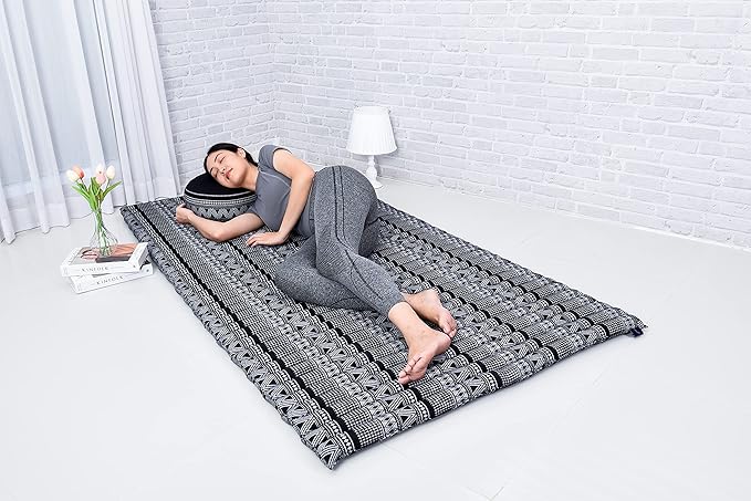 Leewadee - Kapok Roll Mat – Handcrafted Folding Sleep & Relaxation Mattress from Thailand, Ideal as Guest Bed, Camping Mat, Yoga Mat or Traditional Futon, 75 x 39 inches, Black White - Bloomnest