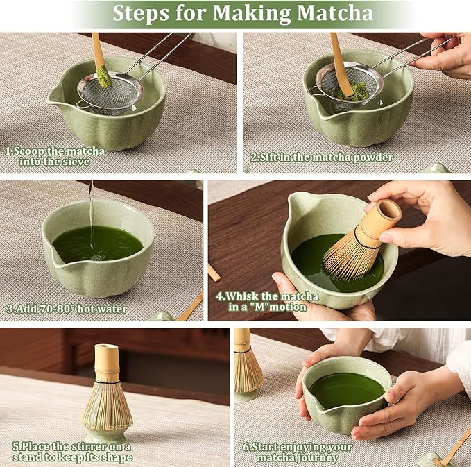 Matcha Whisk Set, 7-Pack Mottled Green Matcha Set - Include Petal Matcha Bowl with Spout, Bamboo Whisk, Chasen Holder, Sifter, Scoop, Tea Towel, Scoop Rest - Perfect Matcha Making Kit for Tea Lover - Bloomnest