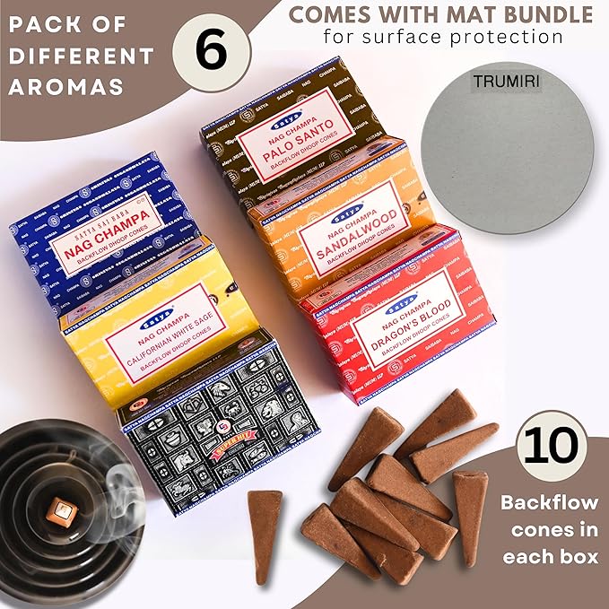 Nag Champa|Super Hit|Dragons Blood|Palo Santo|Sandalwood|Californian White Sage Variety Pack Backflow Incense Cones for Waterfall Aromatic Smoke Fountain Haze Falls and Mat Bundle - Pack of 6 TRUMIRI