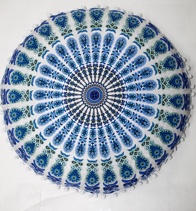 CRAFT KALA Large Round Bohemian Floor Pillow Pouf Cover Mandala Meditation Room Pillow Cover for Adults Boho Seating Poufs Cushion Cover for Kids Playroom 32" Round Green Sky Peacock - Bloomnest