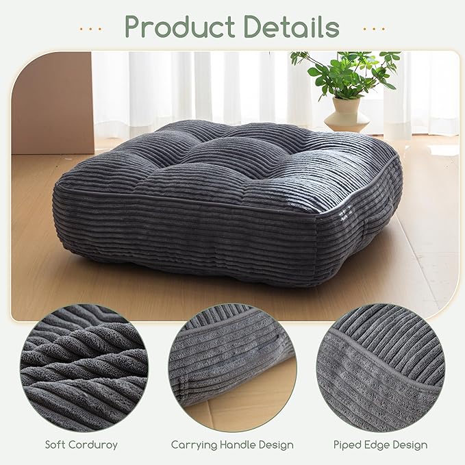 6" Washable Floor Pillow Cushion for Adults, Meditation Cushion Pillow, Large Square Floor Sitting, Removable Tufted Corduroy Cover, for Tatami Living Room or Yoga, 22x22 Inch, Machine Washable - Bloomnest