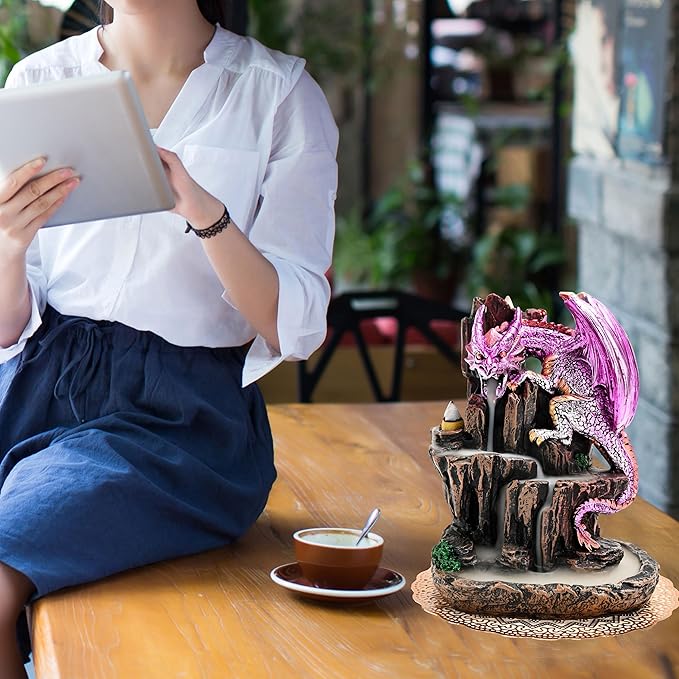 Dragon Backflow 2 Sided Mountain Waterfall Incense Burner,Fountain Smoke Incense Holder with Backflow Incense Cones, Tweezers, Mat，Resin Aromatherapy Meditationvaiuk (Purple) - Bloomnest