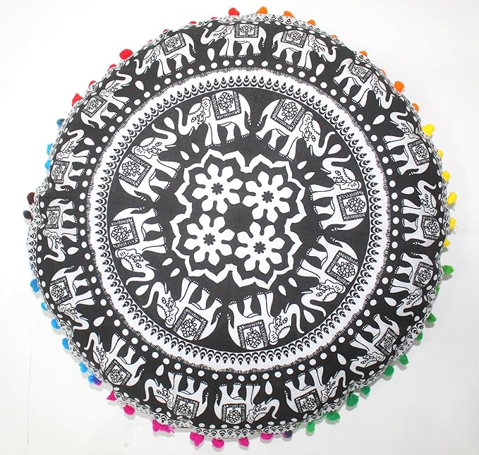 CRAFT KALA 22" Bohemian Floor Pillow Pouf Cover Mandala Boho Large Round Meditation Room Pillow Covers for Adults Seating Poufs Cushion Cover for Kids Playroom Black and White Elephant - Bloomnest