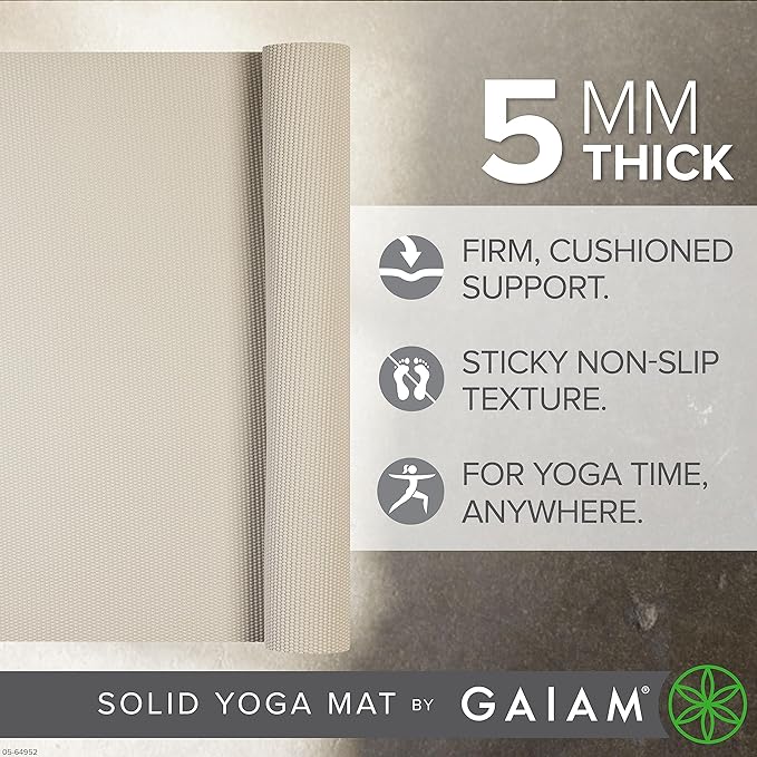 Gaiam Yoga Mat - Premium 5mm Solid Thick Non Slip Exercise & Fitness Mat for All Types of Yoga, Pilates & Floor Workouts (68" x 24" x 5mm) - Bloomnest