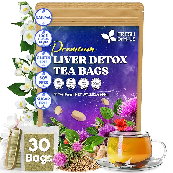 FreshDrinkUS, Premium Liver Herbal Detox Tea – Strong Blend Of Milk Thistle, Hibiscus, Peppermint & Ginger | Fennel, Lemongrass & Orange Peel with Stevia | Vibrant Caffeine-Free Botanical Blend - Bloomnest