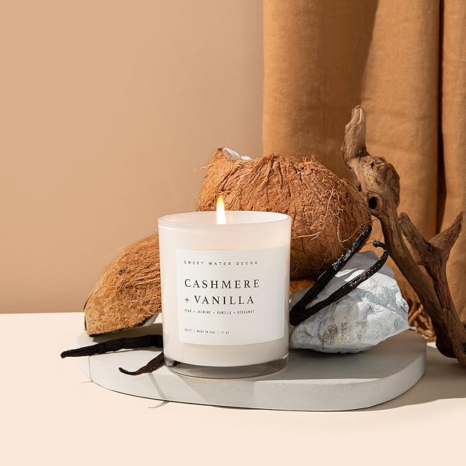 Sweet Water Decor Cashmere and Vanilla Soy Candle - Soft Cashmere, Sandalwood, Jasmine, and Vanilla Scented Candle for Spring - 11oz White Jar and Wood Lid, 50+ Hour Burn Time, Made in The USA - Bloomnest