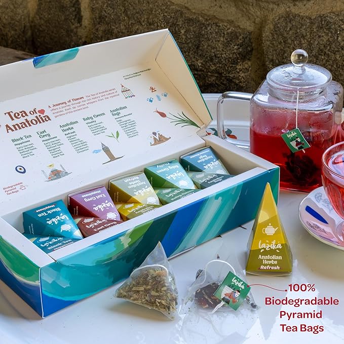 Lazika Tea Variety Pack with Lovely Presentation Box, Black, Green and Herbal Tea Sampler Gift Set, 10 Counts, Premium Collection with Pyramid Infuser Bag, Handcrafted - Bloomnest