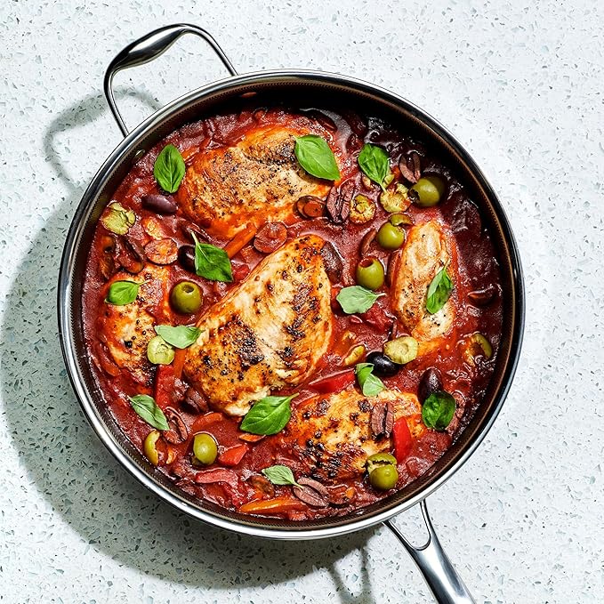 HexClad Hybrid Nonstick 5.5-Quart Deep Sauté Pan with Tempered Glass Lid, Stay-Cool Handle, Dishwasher-Friendly, Oven-Safe Up to 900°F, Induction Ready, Compatible with All Cooktops - Bloomnest