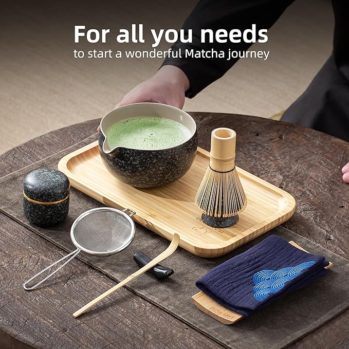 TEANAGOO Matcha Whisk Set,10 Pcs Complete Set Black,Matcha Kit for Ceremony,Matcha Tea Set with Tray,Matcha Whisk Set and Ceramic Bowl with Scoop&Sifter&Powder Jar,Gift for Matcha Lover - Bloomnest