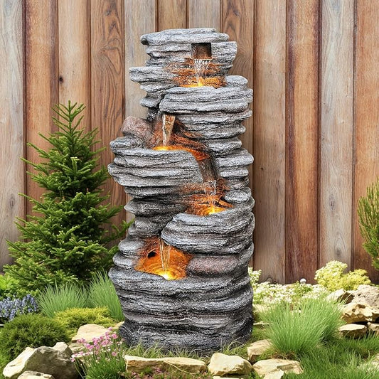 40" Outdoor Water Fountain with LED Lights - 5-Tier Cascading Rock Waterfall Fountain, Natural Rock Look, Ideal for Garden, Landscaping, Patio, Balconies and Yard Decor - Bloomnest