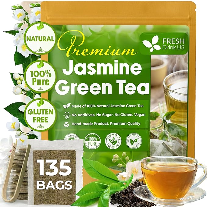 FreshDrinkUS, Premium 135 Jasmine Green Tea Bags, 100% Natural & Pure from Jasmine Green Herbal Tea. Made with Natural Material Tea Bags. No Sugar, No Caffeine, No Gluten, Vegan. - Bloomnest