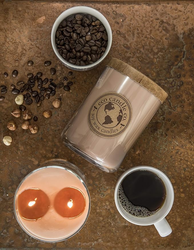 ECO CANDLE CO. Recycled Candle, Coffee Bean, 18 oz. Double Wick - Scents of Coffee Beans & Hazelnut - 100% Soy Wax, No Lead, Kraft Paper Label & Lid, Hand Poured, Phthalate Free, Midwest Soybeans - Bloomnest