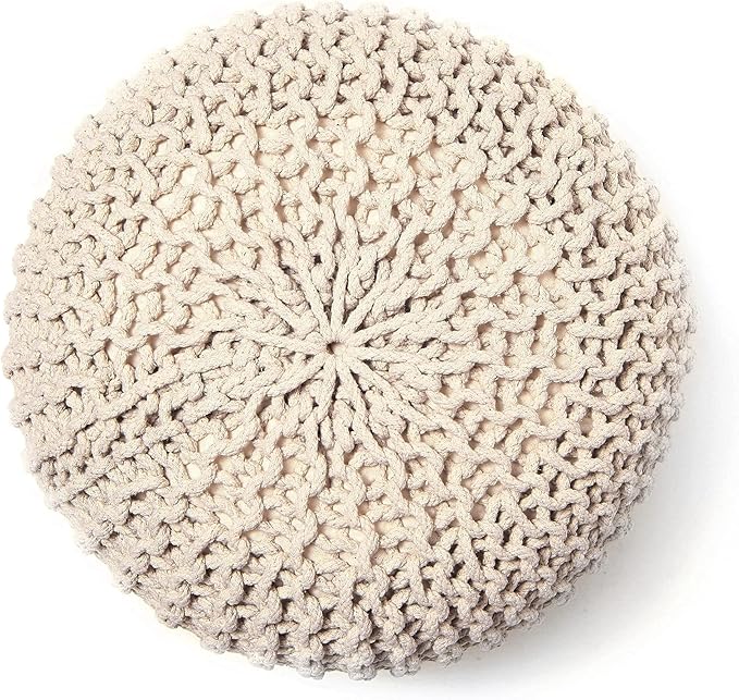 REDEARTH Round Pouf Ottoman - Cable Knitted Boho Poof - Home Décor Cord Pouffe Handmade Circular Footrest for Living Room - Bedroom - Kids Bedroom - 100% Cotton Pouf (19.5"x19.5"x14") - Ivory - Bloomnest